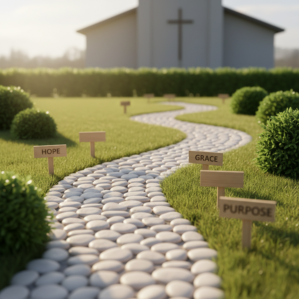A symbolic pathway made of smooth, light‑colored stones forming a gentle curve through a minimalist garden of soft green grass and low shrubs. Along the path, small wooden signposts display single, engraved words like “Hope,” “Grace,” and “Purpose,” though no people are present. Warm late‑afternoon sunlight creates a gentle glow on the stones and casts soft, elongated shadows that add depth. In the distance, a simple, modern church building with a subtle cross silhouette is softly blurred. Photographic realism with a centered, eye‑level composition and moderate depth of field, conveying a calm, encouraging atmosphere of guided spiritual mentorship and personal growth.
