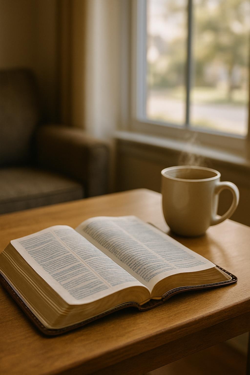 An open, well‑worn leather Bible resting on a simple wooden table, its thin pages slightly curled at the edges, with passages delicately underlined in soft blue ink. A ceramic mug of herbal tea sits nearby, steam rising faintly. In the background, a blurred view of a cozy, sunlit room with a large window looking out toward a quiet, tree‑lined street. Morning light filters in, creating gentle highlights on the Bible’s gold‑edged pages and soft shadows across the table’s grain. Photographic realism, shot from a slightly elevated angle with shallow depth of field, evoking a peaceful, contemplative mood ideal for personal devotion and spiritual growth.