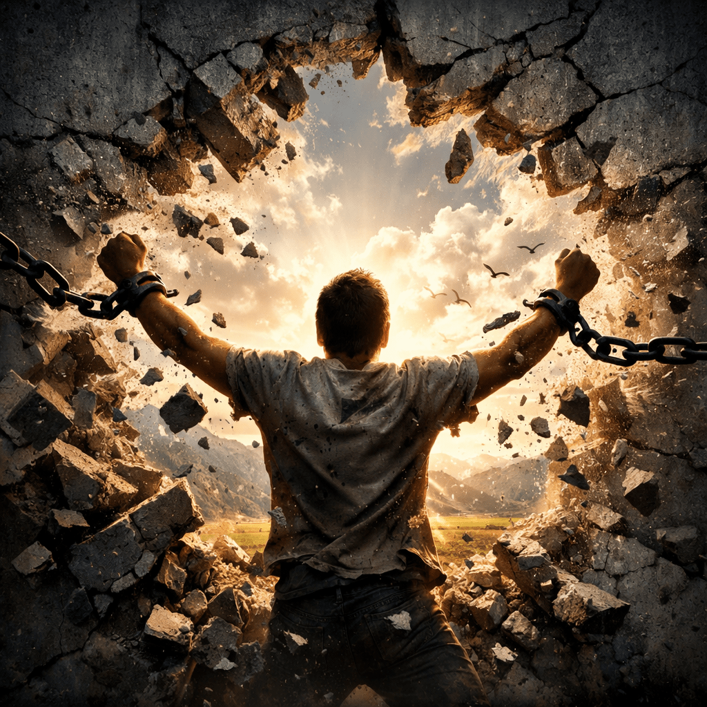 Man breaking chains and bursting through a stone wall into sunlight