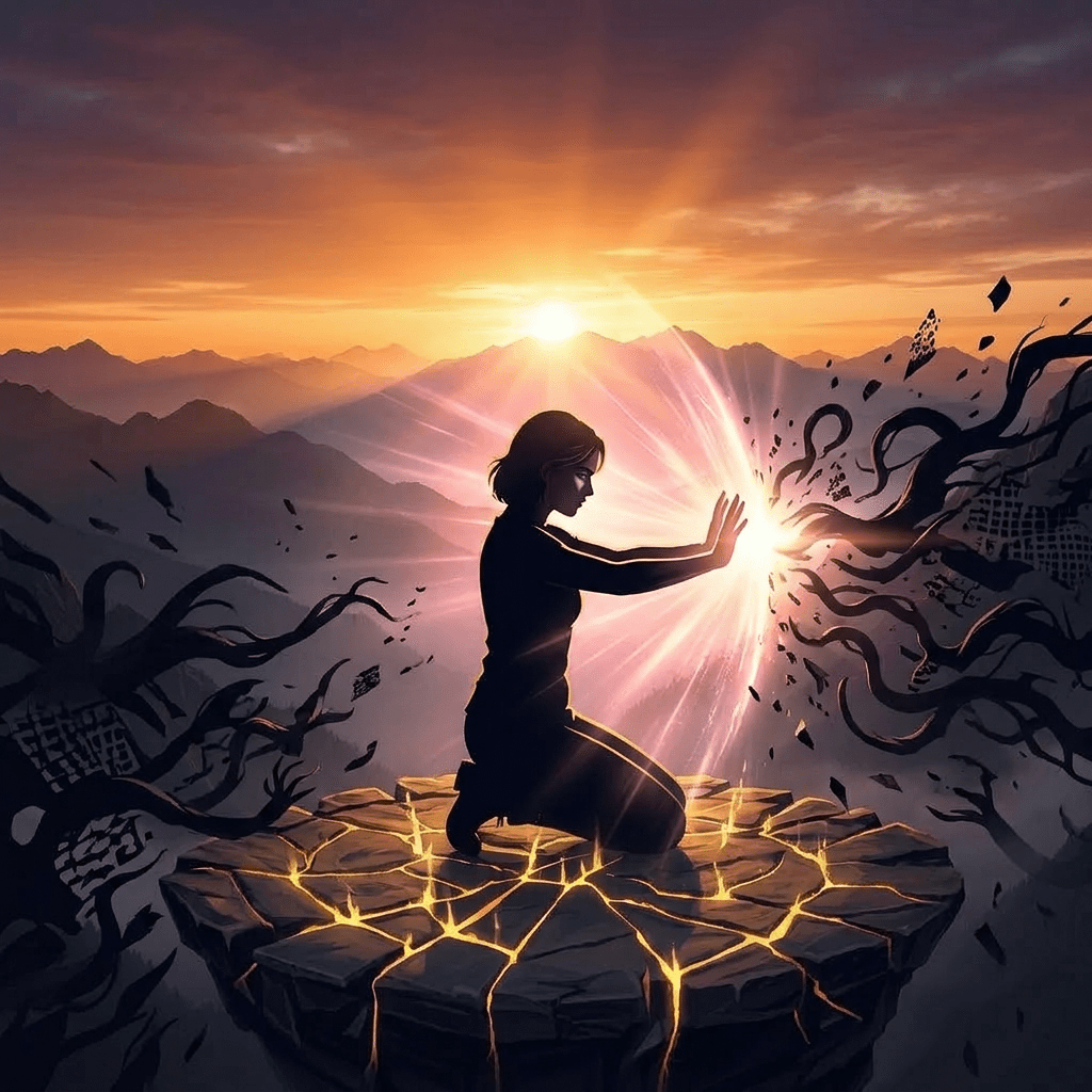 Kneeling knight praying with glowing spiritual ribbons and ethereal figures